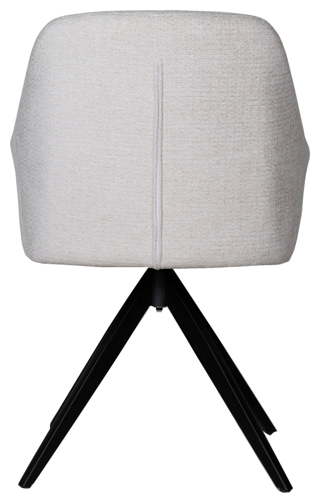 Rückansicht eines modernen Armlehnstuhls mit hellgrauem Stoffbezug und schwarzen Metallbeinen.