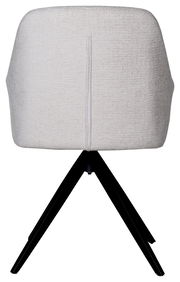 Rückansicht eines modernen Armlehnstuhls mit hellgrauem Stoffbezug und schwarzen Metallbeinen.