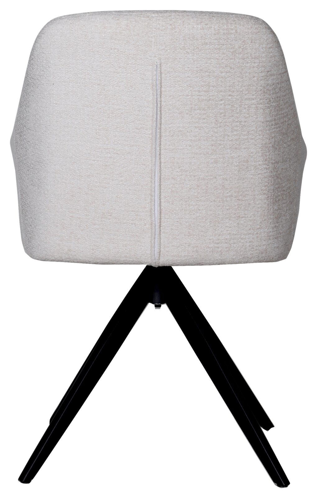 Rückansicht eines modernen Armlehnstuhls mit hellgrauem Stoffbezug und schwarzen Metallbeinen.