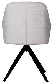 Rückansicht eines modernen Armlehnstuhls mit hellgrauem Stoffbezug und schwarzen Metallbeinen.