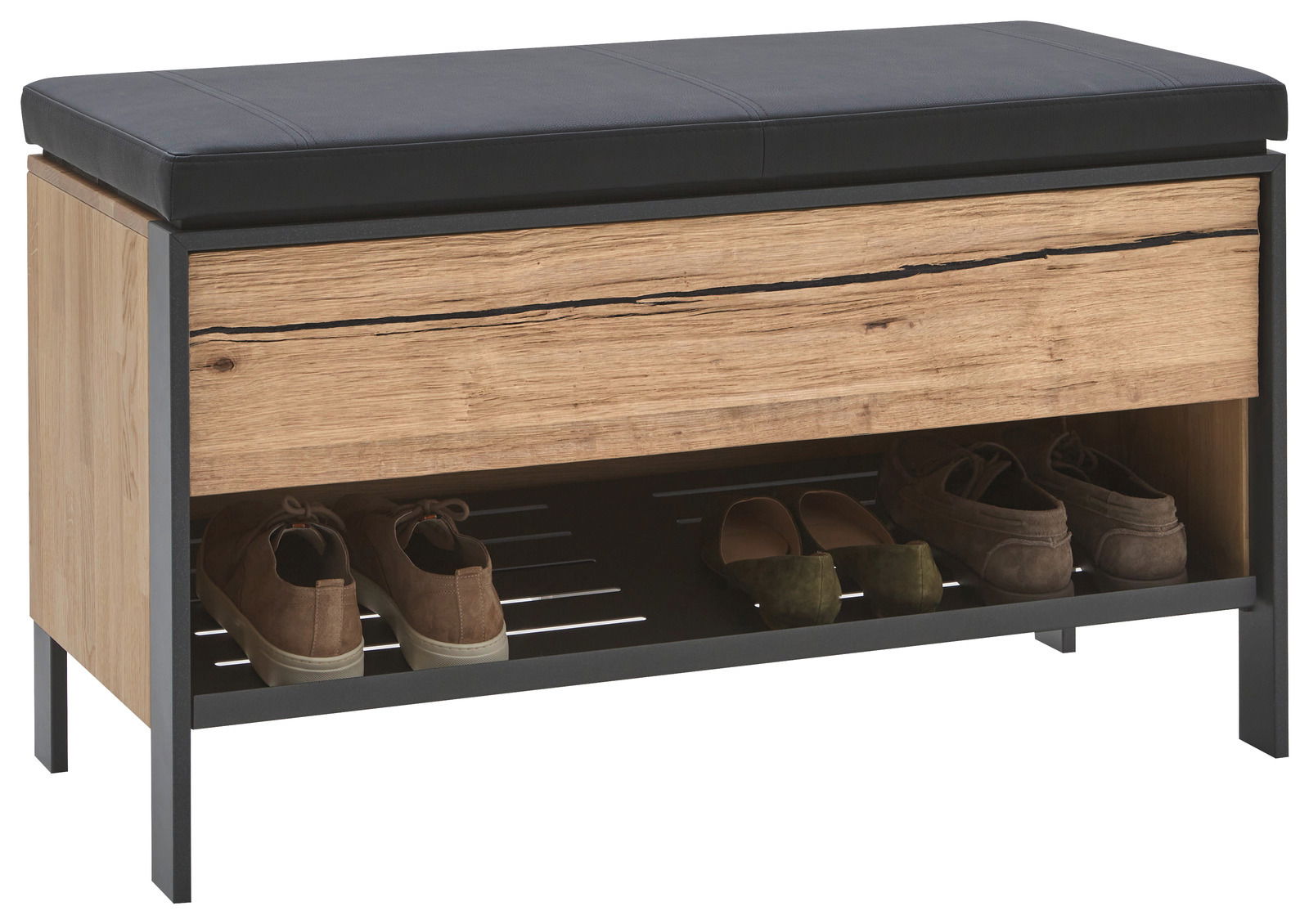 Garderobenbank mit schwarzer Sitzfläche und Holzfront, darunter ein Schuhregal mit Schuhen, seitliche Perspektive