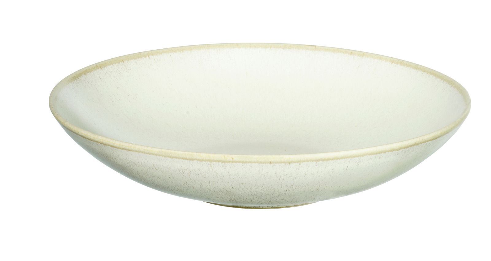 Flache, cremefarbene Schale aus Keramik, seitliche Perspektive