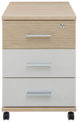 Rollcontainer mit drei Schubladen, Holzoptik und weißen Fronten, auf Rollen, Frontalansicht