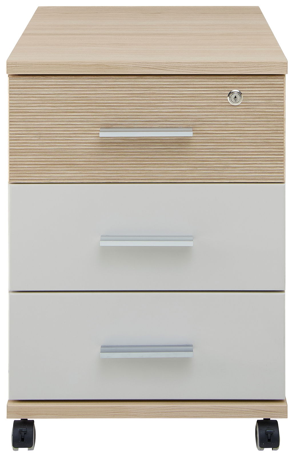 Rollcontainer mit drei Schubladen, Holzoptik und weißen Fronten, auf Rollen, Frontalansicht