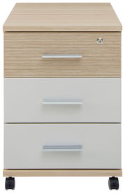 Rollcontainer mit drei Schubladen, Holzoptik und weißen Fronten, auf Rollen, Frontalansicht