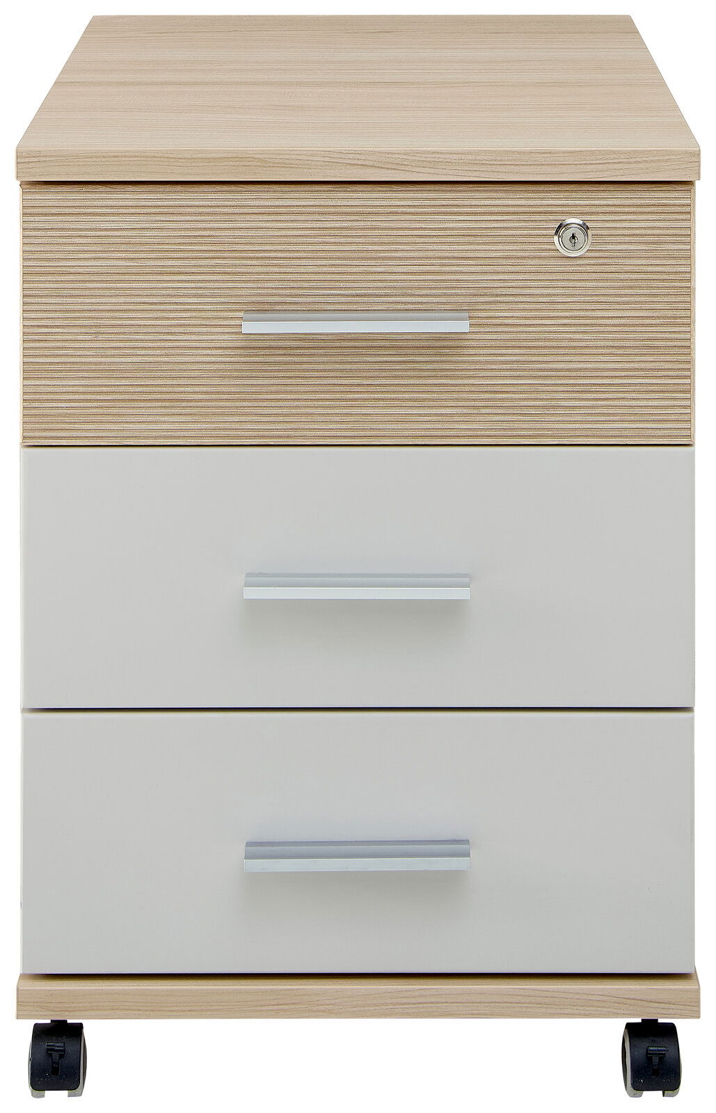 Rollcontainer mit drei Schubladen, Holzoptik und weißen Fronten, auf Rollen, Frontalansicht