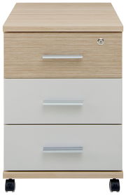 Rollcontainer mit drei Schubladen, Holzoptik und weißen Fronten, auf Rollen, Frontalansicht