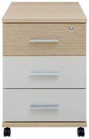 Rollcontainer mit drei Schubladen, Holzoptik und weißen Fronten, auf Rollen, Frontalansicht