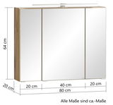 Spiegelschrank 80 cm mit drei Türen, Holzrahmen und integrierter Beleuchtung, Frontalansicht