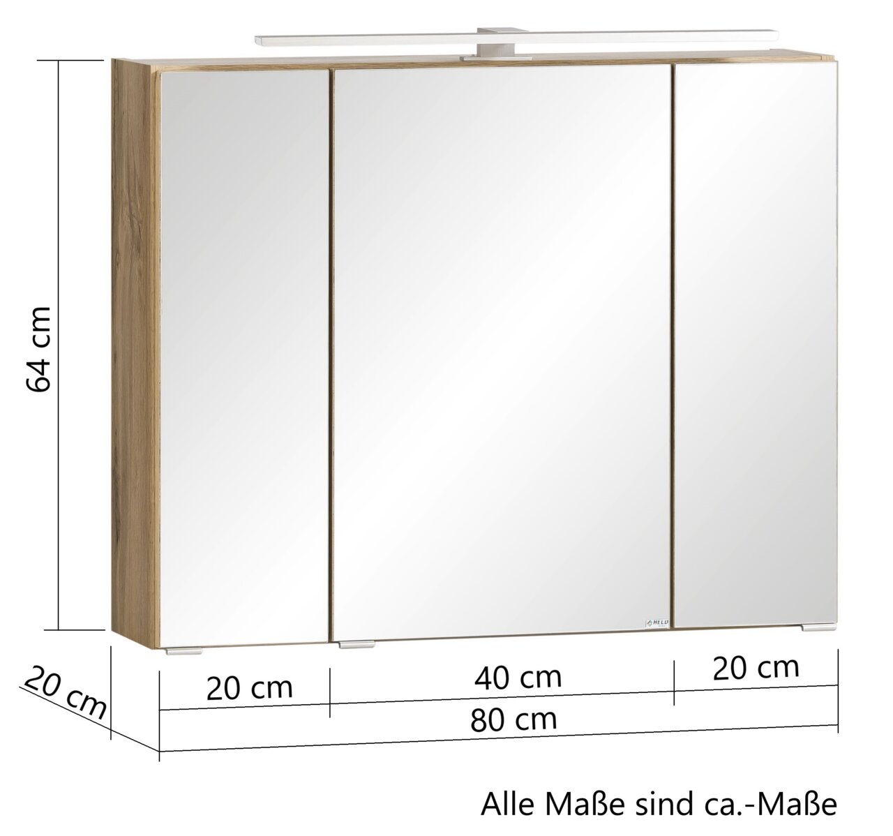 Spiegelschrank 80 cm mit drei Türen, Holzrahmen und integrierter Beleuchtung, Frontalansicht