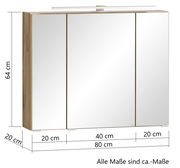 Spiegelschrank 80 cm mit drei Türen, Holzrahmen und integrierter Beleuchtung, Frontalansicht