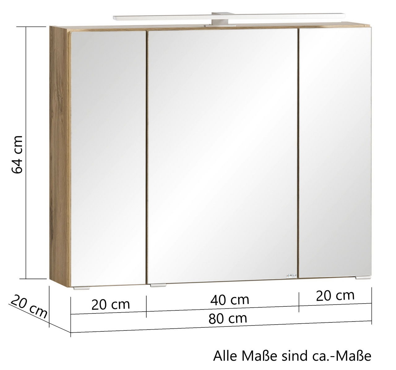 Spiegelschrank 80 cm mit drei Türen, Holzrahmen und integrierter Beleuchtung, Frontalansicht