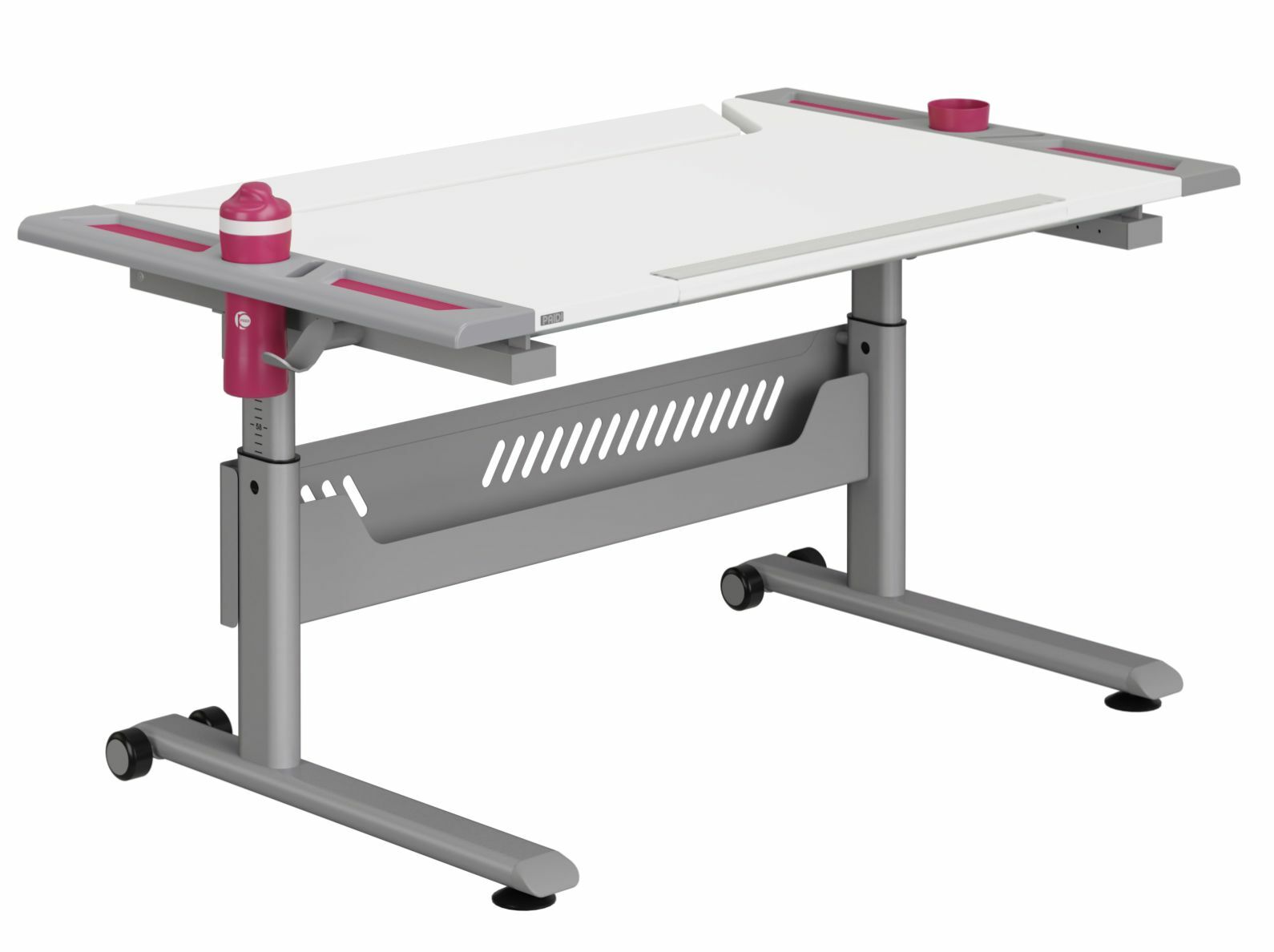 Moderner höhenverstellbarer Schreibtisch mit grauem Gestell und weißen Tischplatte, seitliche rote Akzente, seitliche Ansicht