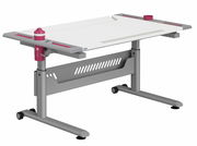 Moderner höhenverstellbarer Schreibtisch mit grauem Gestell und weißen Tischplatte, seitliche rote Akzente, seitliche Ansicht