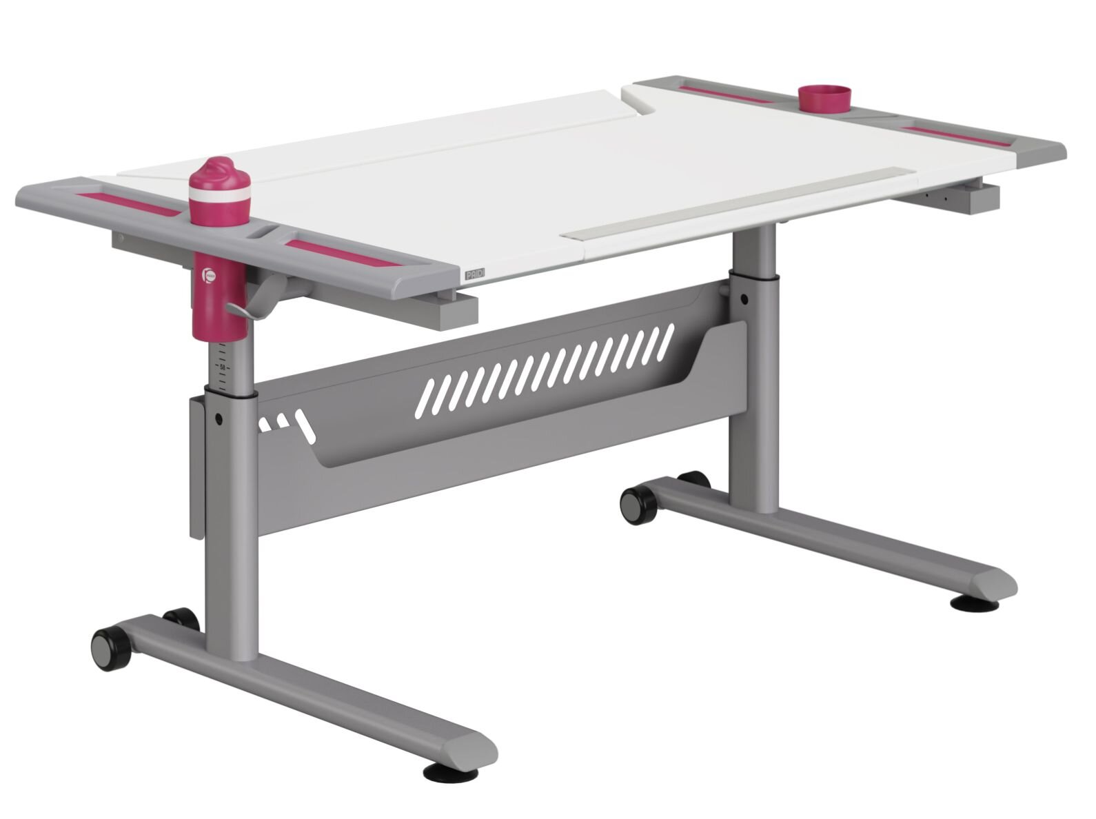 Moderner höhenverstellbarer Schreibtisch mit grauem Gestell und weißen Tischplatte, seitliche rote Akzente, seitliche Ansicht