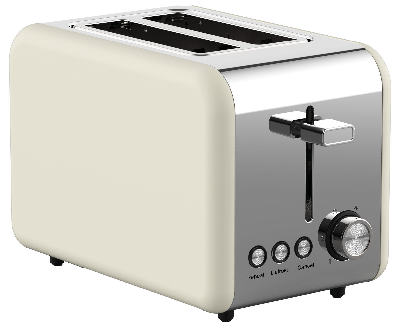 Moderner Toaster in Cremefarbe mit Edelstahlfront, seitliche Ansicht