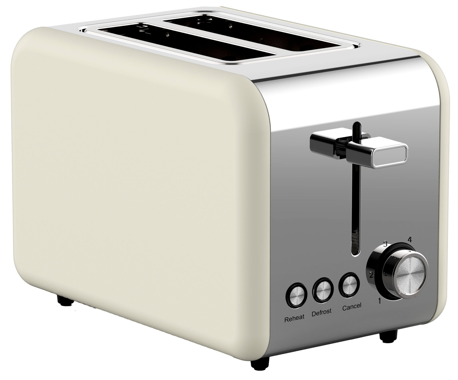 Moderner Toaster in Cremefarbe mit Edelstahlfront, seitliche Ansicht