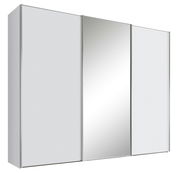 Moderner Schwebetürenschrank mit drei Türen, davon eine mit Spiegel, in seitlicher Perspektive.