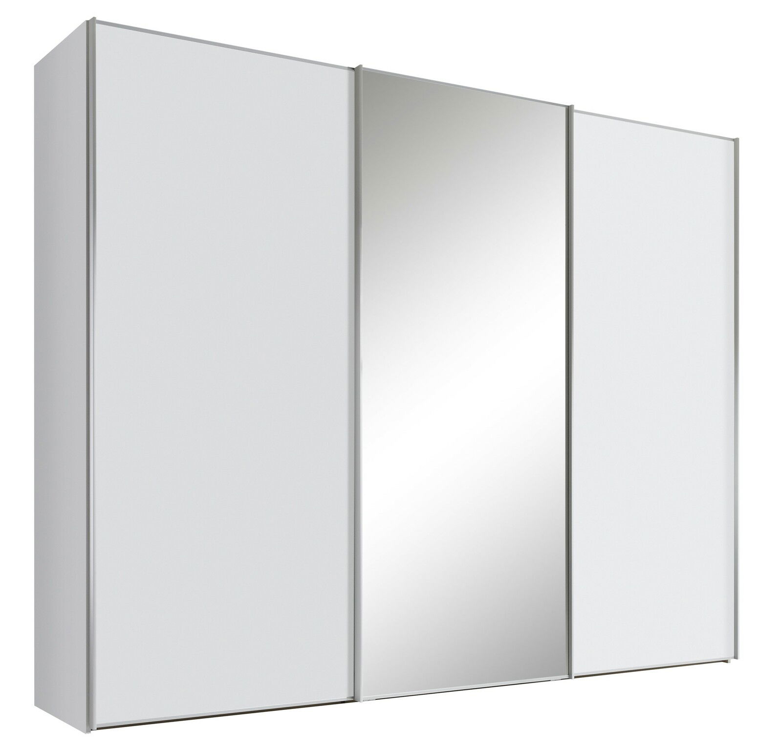 Moderner Schwebetürenschrank mit drei Türen, davon eine mit Spiegel, in seitlicher Perspektive.