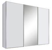 Moderner Schwebetürenschrank mit drei Türen, davon eine mit Spiegel, in seitlicher Perspektive.