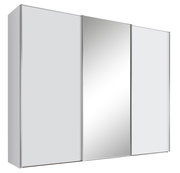Moderner Schwebetürenschrank mit drei Türen, davon eine mit Spiegel, in seitlicher Perspektive.
