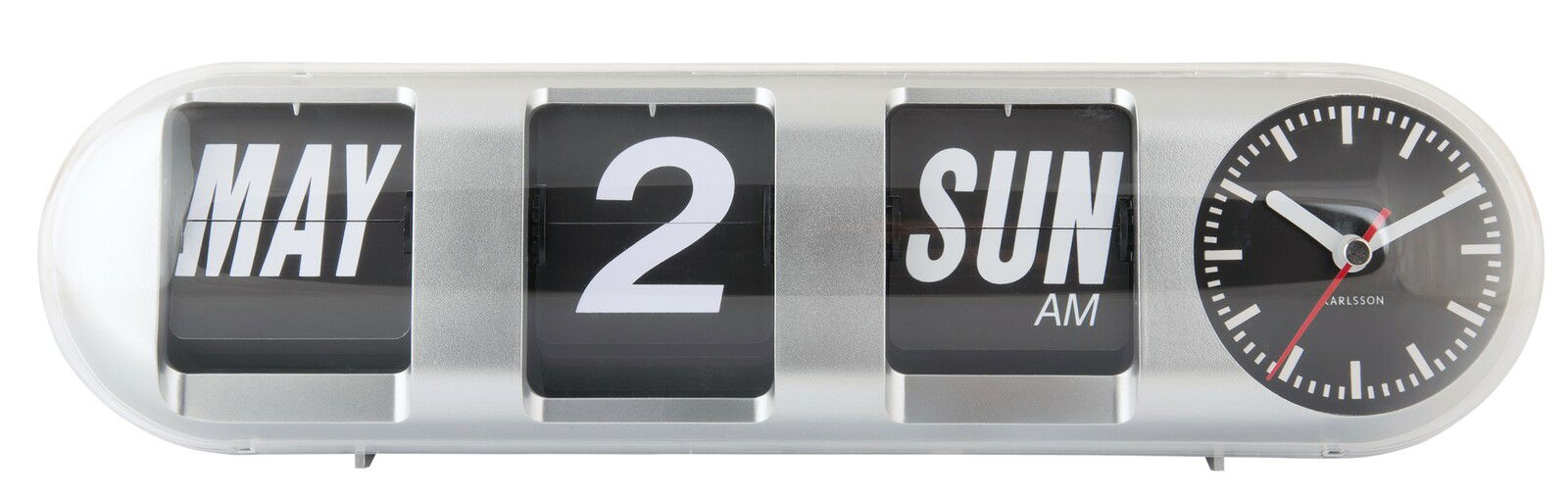 Silberne Tischuhr mit Datums- und Wochentagsanzeige, zeigt den 2. Mai, Sonntag, aus einer frontalen Perspektive.