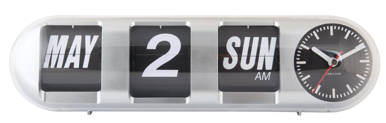Silberne Tischuhr mit Datums- und Wochentagsanzeige, zeigt den 2. Mai, Sonntag, aus einer frontalen Perspektive.