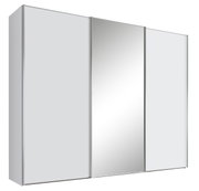 Moderner Schwebetürenschrank mit drei Türen, davon eine mit Spiegel, in seitlicher Perspektive.