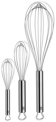 Drei Schneebesen aus Edelstahl in verschiedenen Größen, frontal abgebildet.