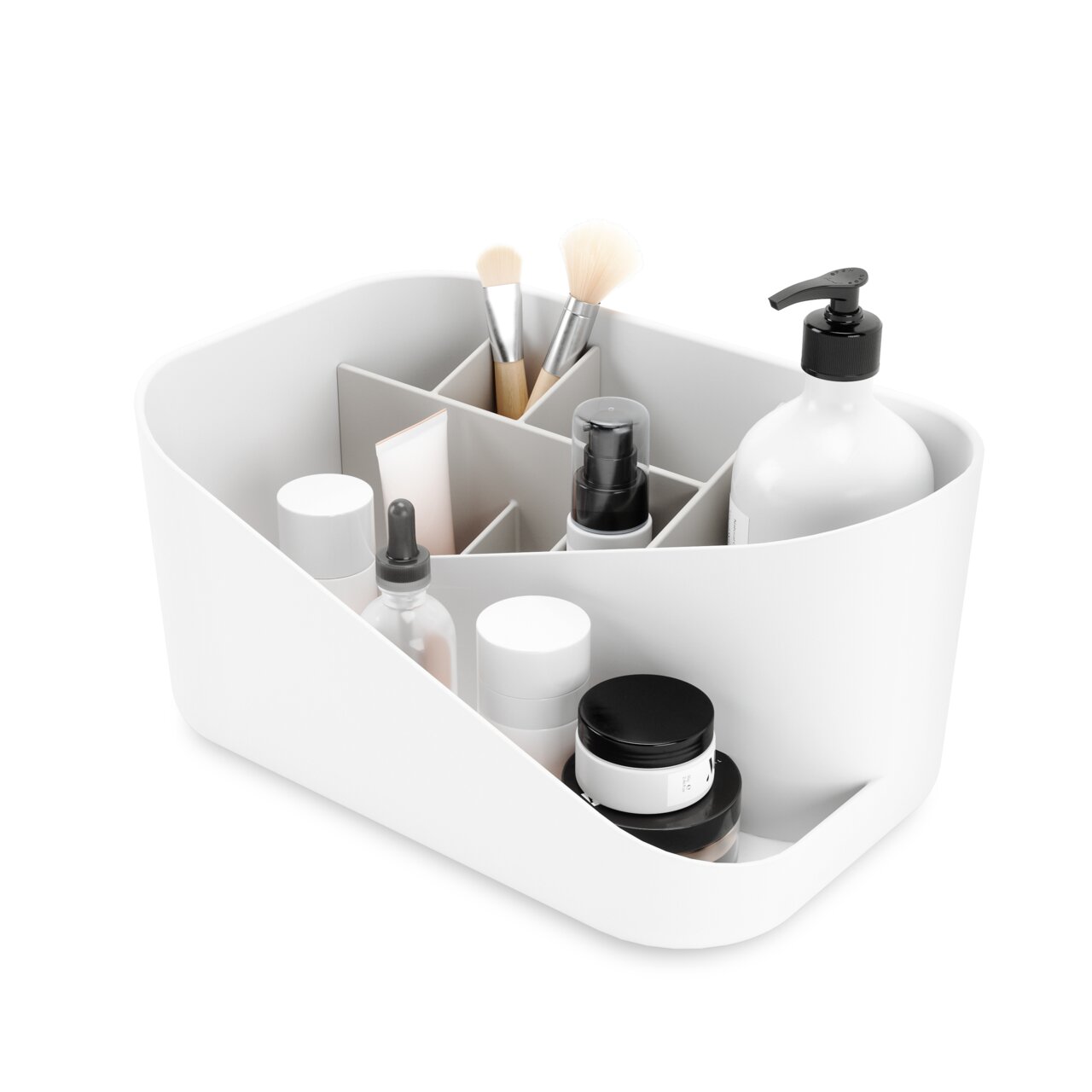 Umbra Kosmetikaufbewahrungsbehälter GLAM Weißer Glam Kosmetik-Organizer mit mehreren Fächern, gefüllt mit verschiedenen Kosmetikprodukten, aus einer leicht erhöhten Perspektive.