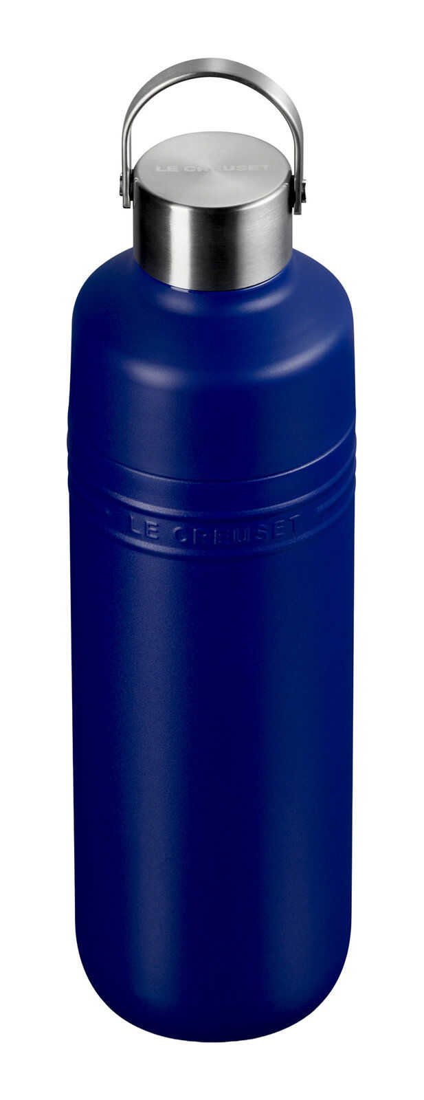 Blaue Trinkflasche mit Edelstahlverschluss, seitliche Perspektive