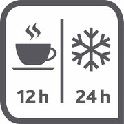 Grafik mit einer Tasse und einem Schneeflockensymbol, die die Isolierleistung der Emsa Isolierkanne SAMBA zeigt: 12 Stunden heiß, 24 Stunden kalt. Frontalansicht.