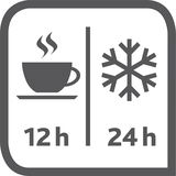 Grafik mit einer Tasse und einem Schneeflockensymbol, die die Isolierleistung der Emsa Isolierkanne SAMBA zeigt: 12 Stunden heiß, 24 Stunden kalt. Frontalansicht.