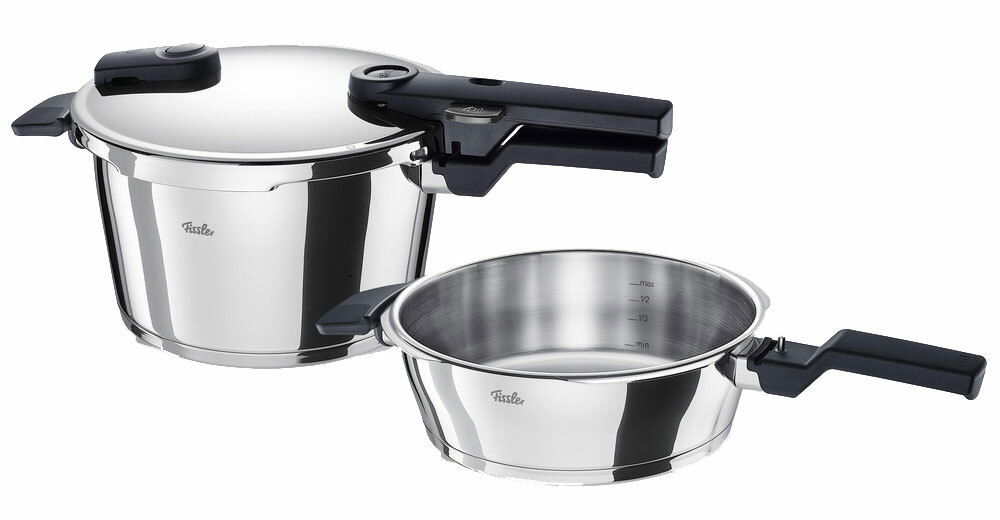 Schnellkochtopf-Set aus Edelstahl mit zwei Töpfen und abnehmbarem Deckel, seitliche Perspektive