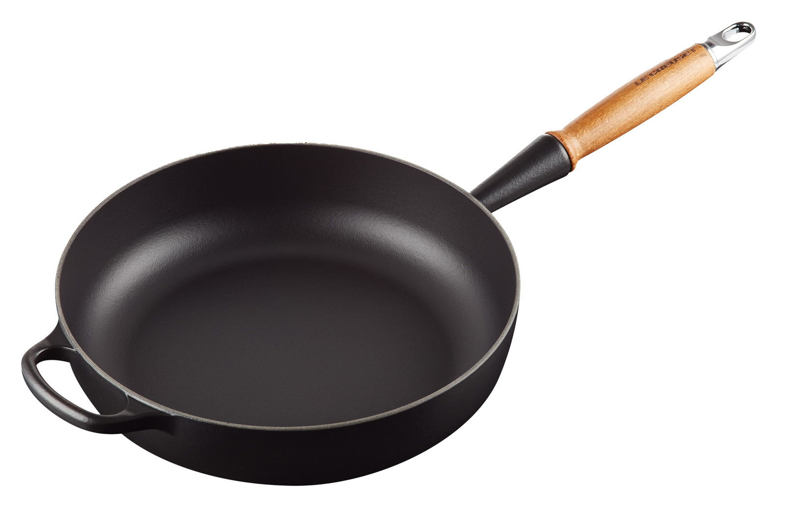 LE CREUSET Sautépfanne 28cm Schwarz SIGNATURE Schwarze Sautepfanne mit Holzgriff, seitliche Perspektive