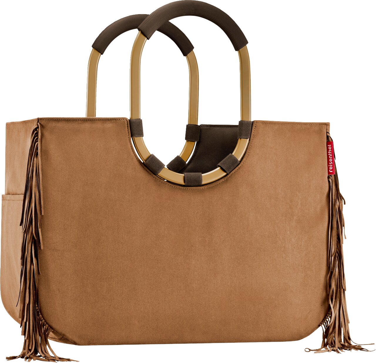 Braune Wildleder-Optik Shopper-Handtasche mit Fransen an den Seiten und zwei runden Tragegriffen, Frontansicht.