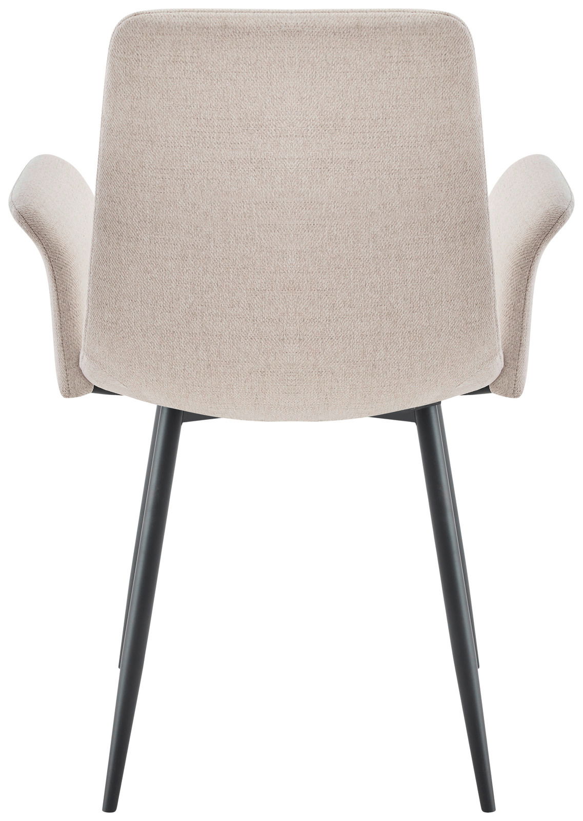 Rückansicht eines modernen Armlehnstuhls mit hellgrauem Stoffbezug und schwarzen Metallbeinen.