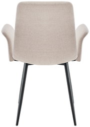 Rückansicht eines modernen Armlehnstuhls mit hellgrauem Stoffbezug und schwarzen Metallbeinen.