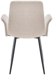 Rückansicht eines modernen Armlehnstuhls mit hellgrauem Stoffbezug und schwarzen Metallbeinen.