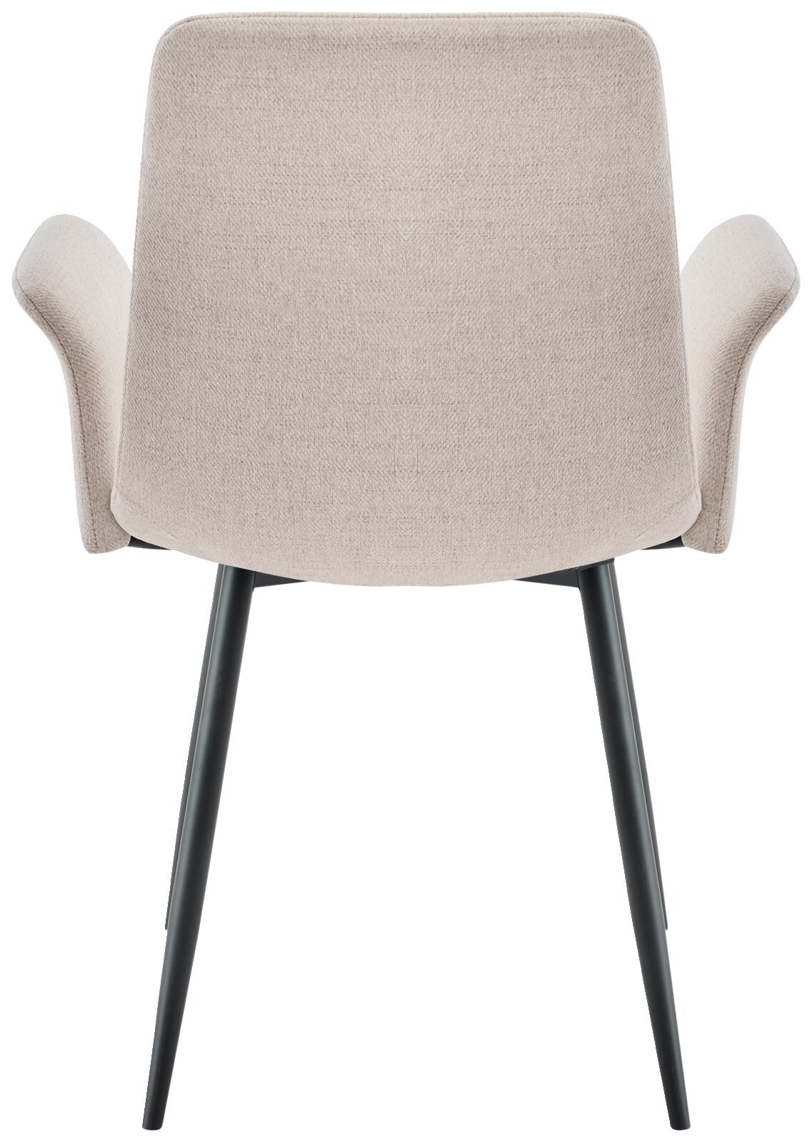 Achterkant van een moderne fauteuil met een lichtgrijze stoffen bekleding en zwarte metalen poten.