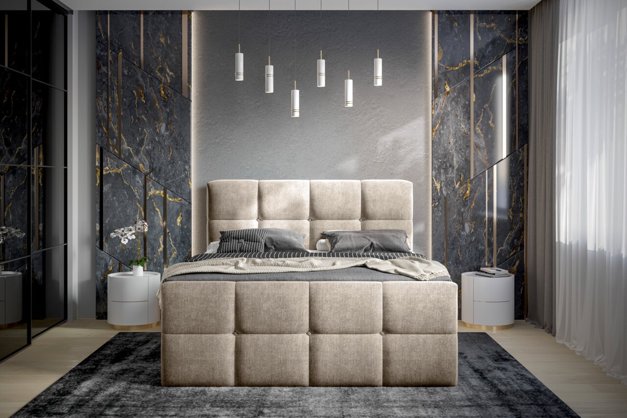 Frontale Ansicht eines eleganten Boxbetts mit gepolstertem Kopfteil in einem modernen Schlafzimmer mit stilvollen Wandelementen und hängenden Leuchten.