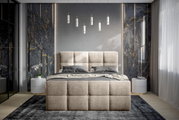 Frontale Ansicht eines eleganten Boxbetts mit gepolstertem Kopfteil in einem modernen Schlafzimmer mit stilvollen Wandelementen und hängenden Leuchten.