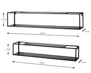 Schwarzes Metall-Wandregal im Industrial-Design mit zwei Ablagen, Vorderansicht in leichter Schrägperspektive; Maße oben ca. 85 x 17 x 17 cm, unten ca. 75 x 14 x 14 cm