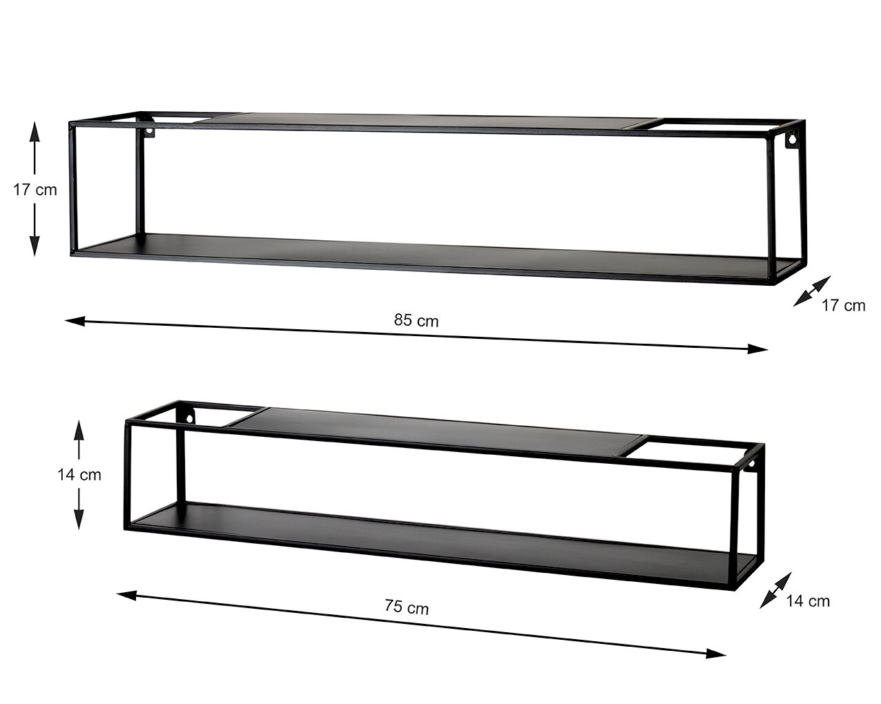 Schwarzes Metall-Wandregal im Industrial-Design mit zwei Ablagen, Vorderansicht in leichter Schrägperspektive Maße oben ca. 85 x 17 x 17 cm, unten ca. 75 x 14 x 14 cm
