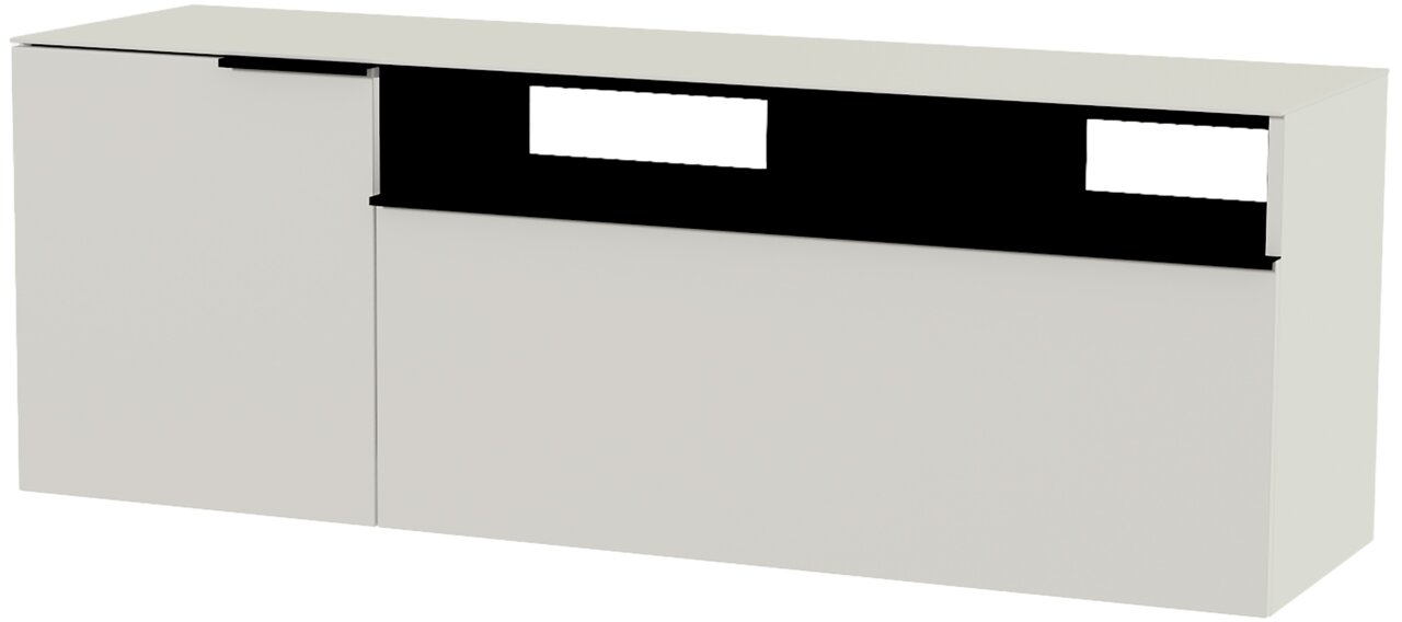 Hänge-Lowboard in weißer Farbe, frontale Perspektive, mit zwei Türen und offenen Fächern.