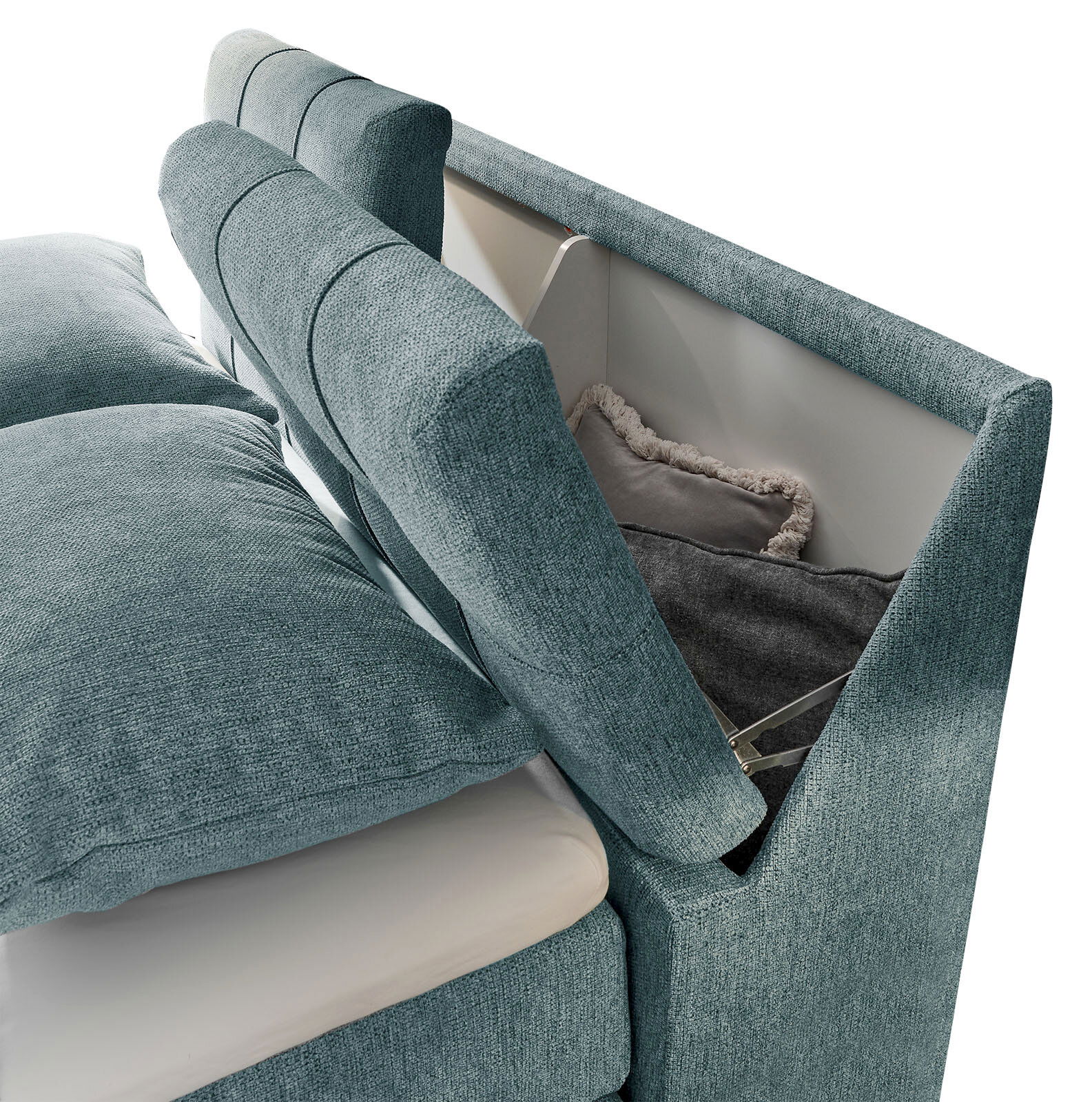 Boxspringbett SET ONE FAIRFIELD von Musterring in seitlicher Perspektive mit Stauraum im Kopfteil, bezogen mit blauem Stoff.
