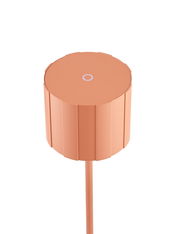 Obere Perspektive einer orangefarbenen Akku-Stehleuchte mit rundem, geripptem Lampenschirm.