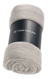 Beige Plaid von Tom Tailor, gerollt und mit schwarzem Band umwickelt, aus seitlicher Perspektive.