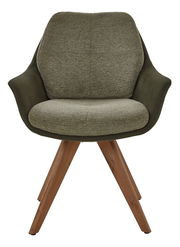 Frontansicht eines Valnatura Armlehnstuhls MANADO mit olivgrünem Stoffbezug und Holzbeinen.