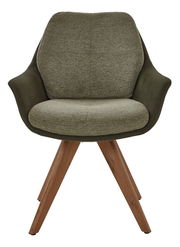 Frontansicht eines Valnatura Armlehnstuhls MANADO mit olivgrünem Stoffbezug und Holzbeinen.